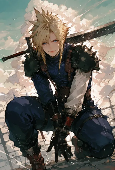 (score_9,score_8_up,score_7_up),((MAN, 1 MAN, CLOUD STRIFFE , FINAL FANTASY VII, CLOUD full SOLDIER clothers, WITH A BASTARD SWORD,), ,,extremely detailed,dynamic lighting,best quality,,,best quality,high quality,, , dynamic angle, , thick thighs, motion l...