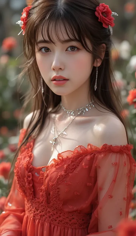 Accurate, top quality, masterpiece, precise, ultra-detailed, anatomically accurate, meticulous, high quality, (photorealistic: 1.2), sharp focus, cute girl, accurate and perfect human , above-knee shot, alluring, sexy, , beautiful, translucent red dress, (...