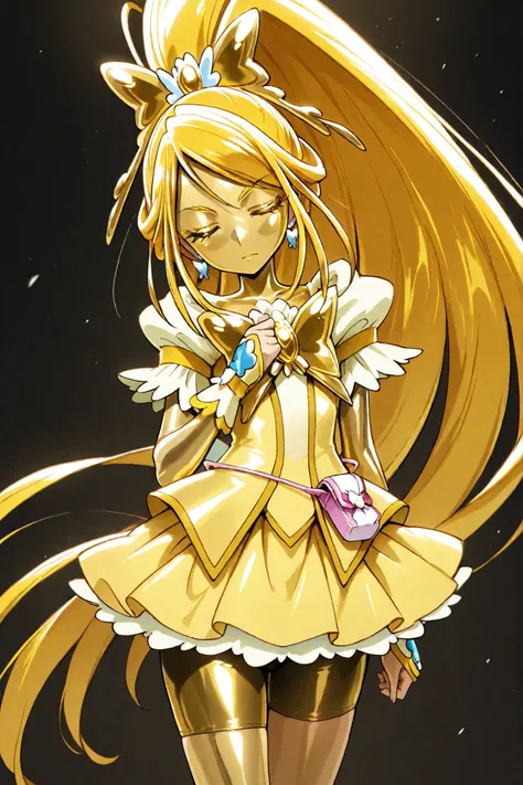 Cure Aqua, masterpiece, best quality, Newest, Very High Definition, closed eyes, yellow hair, yellow sclera, closed mouth, No students, Yellow skin, shiny skin, metal skin, Black eyebrows, Hanging Eyebrows, 1girl, solo, cowboy shot showing waves, Good po...