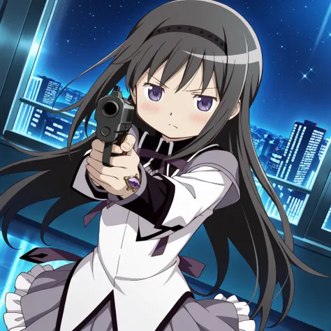 masterpiece, best quality, newest, absurdres, highres, safe, anime style, anime capture, anime screen, 1girl, solo, mahou shoujo madoka magica, akemi homura, purple eyes, black hair, long hair, black hairband, capelet, purple ribbon, grey shirt, long sleev...