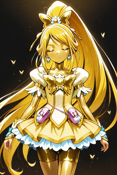 Cure Aqua, masterpiece, best quality, Newest, Very High Definition, closed eyes, yellow hair, yellow sclera, closed mouth, No students, Yellow skin, shiny skin, metal skin, Black eyebrows, Hanging Eyebrows, 1girl, solo, cowboy shot showing waves, Good po...