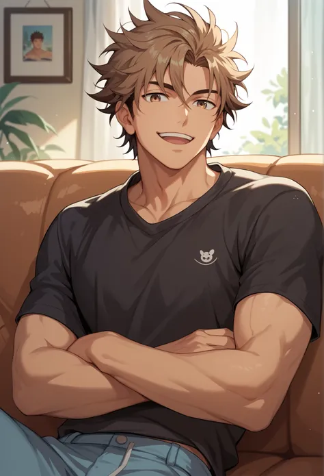 brown hair, man, light brown eyes, strong, black shirt, focus on character, indoors, sitting on sofa, smiling, cheerful, messy hair, looking at viewer, anime style, athletic, open arms, gojou satoro