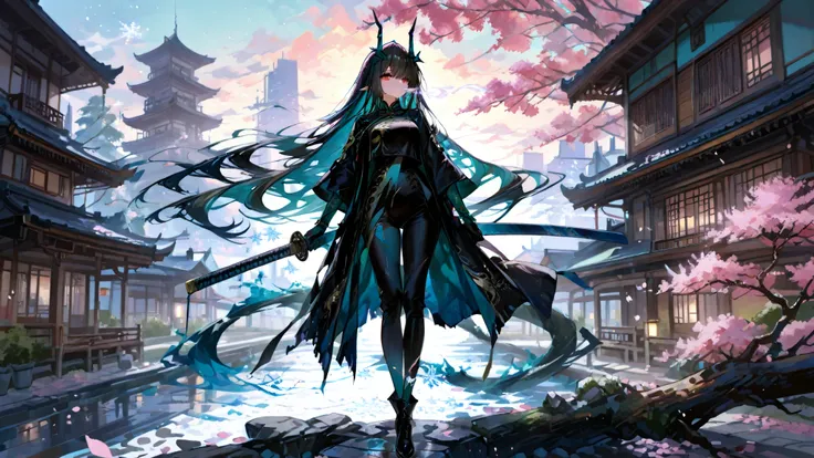 (masterpiece , Highest Quality , Highest details,  exquisite,8k, absurd, Ultra Precise Illustration , long range photoragy ,), 1 girl , full body , (Arknights: dusk) , long black hair , turquoise colored inner hair , black torn suit , holding ice katana, f...