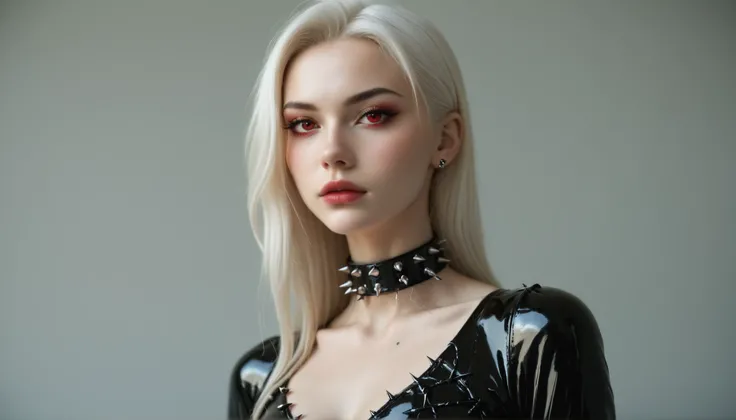 Beautiful white-haired girl、Piercing red eyes, Expressionless,Barbed Wire Choker, Black nails,Tight black latex dress、Gorgeous Dress、Reflective Dress、wilderness、Dark Wilderness
