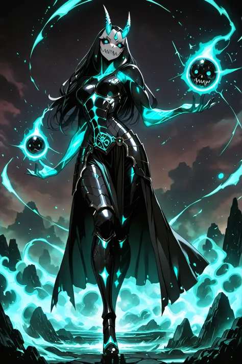 addmicrodetails,eyesHD,high gradient eyes,detailed eyes,high definition eyes,(High Resolution), (More Details), (8K), (High Resolution), kafkakaiju, glowing, glowing eyes,kaiju mask, horns, sharp teeth, armor, aqua eyes, lithe female, neon trim, black scle...