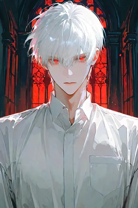  male,  alone,You are handsome,white hair,red eyes, Serious, expressionless, dark mansion interior background, clean suit white shirt(No decoration)