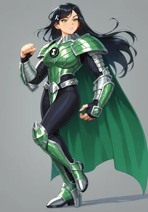 {{masterpiece, ultra-high quality, professionally detailed, professionally shaded}},1girl,absolutely huge breasts, absolutely thick thighs, absolutely wide hips, slim waist, Ben10, insignia, green eyes, black hair, long hair, green cape, black hair, armor,...