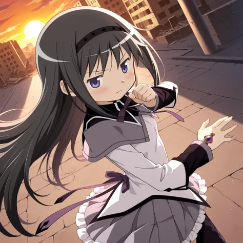 masterpiece, best quality, newest, absurdres, highres, safe, anime style, anime capture, anime screen, 1girl, solo, mahou shoujo madoka magica, akemi homura, purple eyes, black hair, long hair, black hairband, capelet, purple ribbon, grey shirt, long sleev...