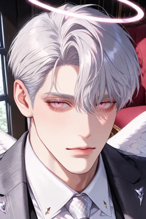 A handsome mature man with short-cut silver hair, pink opal eyes, halo on his head, and white wings is wearing a suit, plain living room background, close-up, semi-realistic