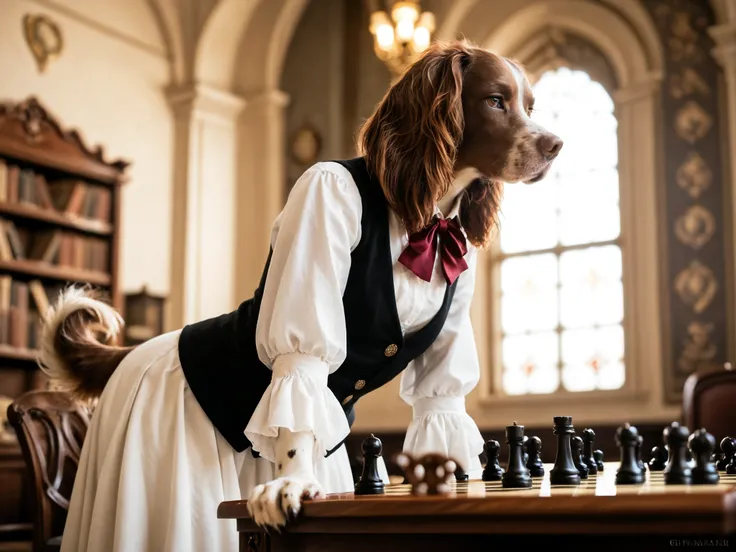 dramatic lighting, warm light, low angle, rim light, depth of field. an (anthro springer spaniel) girl wearing a white dress and black vest wit maroon ribbon leaning over a table playing chess. Set against a Baroque background filled with books. springer_s...