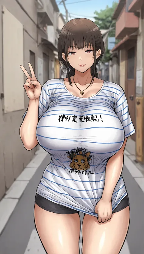 The best vantage point,facial detail,masterpiece,Depth of field of view,
1girl,viewers,has a seductive smile,
(Huge Chest:1.35),
red and white striped t-shirt,necklace,
 posture, v for viewer,  stance,
Taipei's Back Alley,