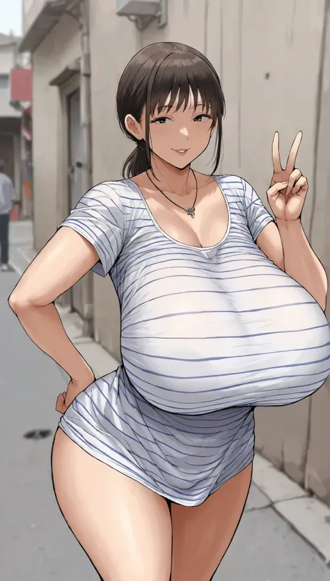 The best vantage point,facial detail,masterpiece,Depth of field of view,
1girl,viewers,has a seductive smile,
(Huge Chest:1.35),
red and white striped t-shirt,necklace,
 posture, v for viewer,  stance,
Taipei's Back Alley,