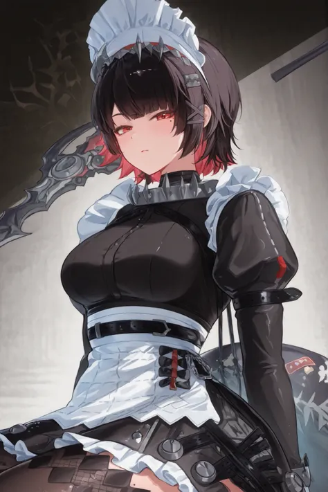 complemented by a white apron adorned with ruffled edges, characterized by its distinct maids-themed attire. She has short hair, dark hair with striking red reflections, The gray background of the image draws attention to her outfit and expression {x} and ...