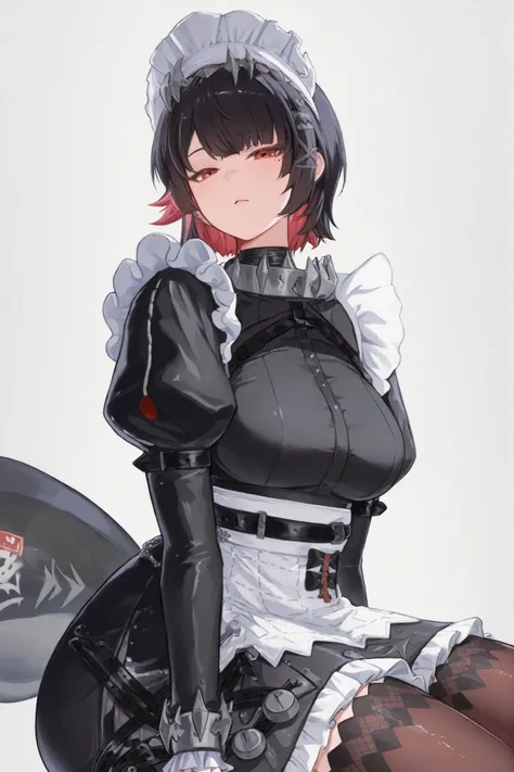 complemented by a white apron adorned with ruffled edges, characterized by its distinct maids-themed attire. She has short hair, dark hair with striking red reflections, The gray background of the image draws attention to her outfit and expression {x} and ...