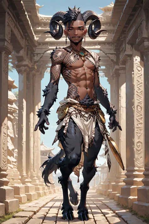 masterpiece, best quality, amazing quality, very aesthetic, high resolution, newest, hyper-detailed, (long shot),solo , 1 man ((satyr)),gentle smile; mature man, African skin, black hair, short hair, mohawk cut ((sheep horns and hooves)) tribal clothes, t...