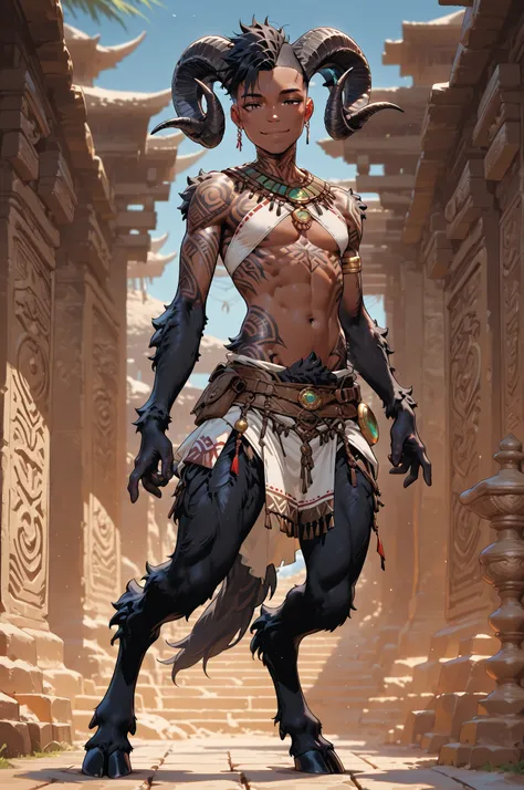 masterpiece, best quality, amazing quality, very aesthetic, high resolution, newest, hyper-detailed, (long shot),solo , 1 man ((satyr)),gentle smile; mature man, African skin, black hair, short hair, mohawk cut ((sheep horns and hooves)) tribal clothes, t...