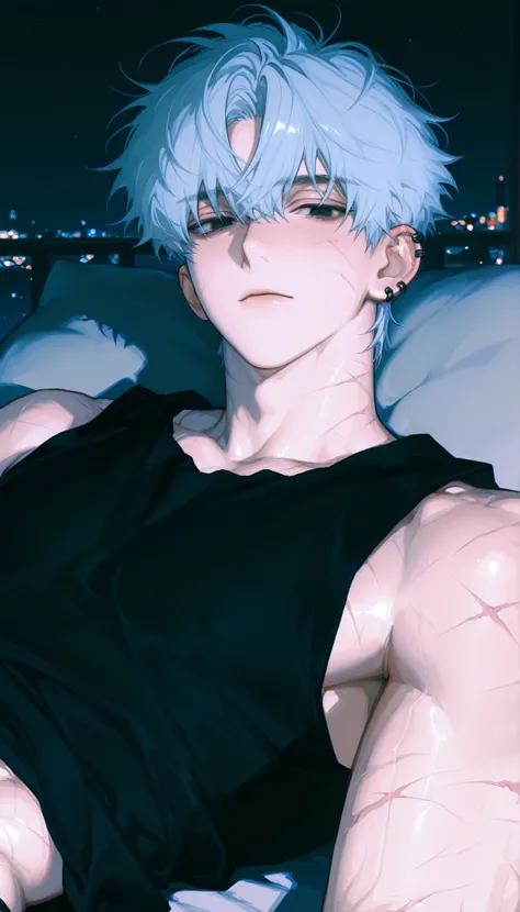 1 Male , adult male , Tough , handsome , sensual , white ash hair , short hair , curtained bang , black eyes , sharp and cold eyes , closed mouth , many scars on body , black piercings , black sleeveless ,seductive feature,night,suspicious looking,relaxed...