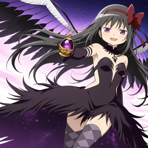 masterpiece, best quality, newest, absurdres, highres, safe, anime style, anime capture, anime screen, 1girl, solo, mahou shoujo madoka magica, akuma homura, homura_purple eyes, black hair, long hair, bare shoulders, homura_hair bow, black choker, black dr...