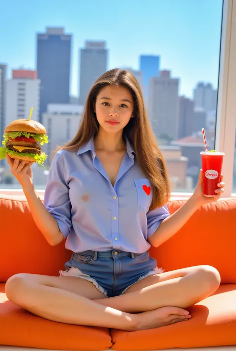 A young woman is seated on an orange couch with a large window backdrop, revealing a cityscape with towering skyscrapers under a clear blue sky. Her attire comprises a light blue shirt, stylishly adorned with a red heart patch, and snug denim shorts with d...