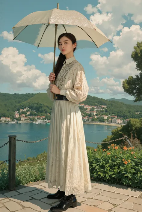(best quality, 4k, highres, masterpiece:1.2) , ultra-detailed, (realistic, photorealistic:1.37), A photorealistic portrait of an elegant young woman standing, She is having a Sun Umbrella for Women, Claude Monet Scenery Excellent Quality、4K resolution、supe...
