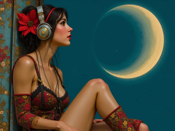 Orientalist style oil painting depicting a beautiful young Arab woman with a red flower in her hair, She is wearing headphones , et assise au bord d'un toit de bus abîmé et trop vieux , legs dangling, contemplating the Crescent Moon in the dark sky. Ce s...