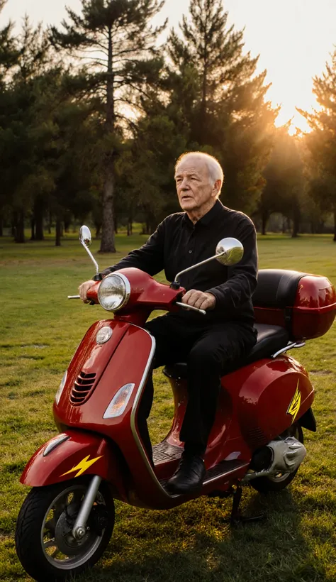 Image Of an old man strolling through the park with an elderly, the flash idoso, he is strolling through the park with a red scooter with a yellow ray painted on the side, red scooter with the flash symbol on the side, a park filled with pine-like trees, I...