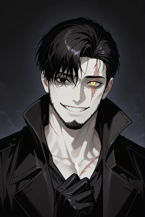 solo, 1boy, dnd, mature male, pale skin, black hair, short messy haircut with shaved temples, heterochromia, one yellow eye, one black eye with a white dot, muscular body, crazy, a scar taking half of his face, scars, cut beard, crazy wide smile, detailed ...
