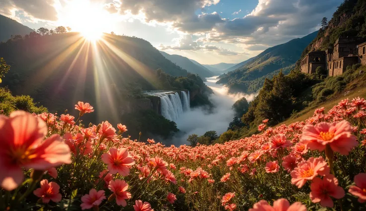 first-person view, Premium photograph taken of a Gopro , Vertical Plunge , rapidly approaching a field full of carnation flowers, A beautiful waterfall, a sun on the left side and an Inca ruin, Colorful images of falling through the sky, In the sky ther...