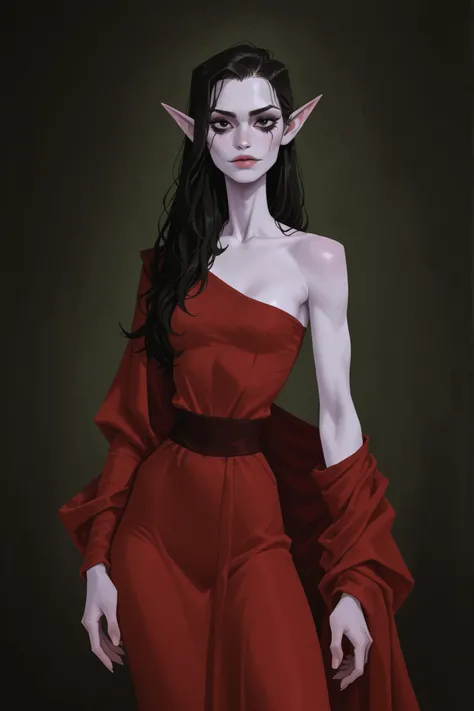 detailed gouache portrait of 1girl, female, elf, pale pink skin, [black eyes], tall lean female, small breasts, black hair, long hair, red linen dress, exposed left shoulder, relaxed stance, (solo), cowboy shot, looking at viewer, flat colors, Z40Zstyle, p...