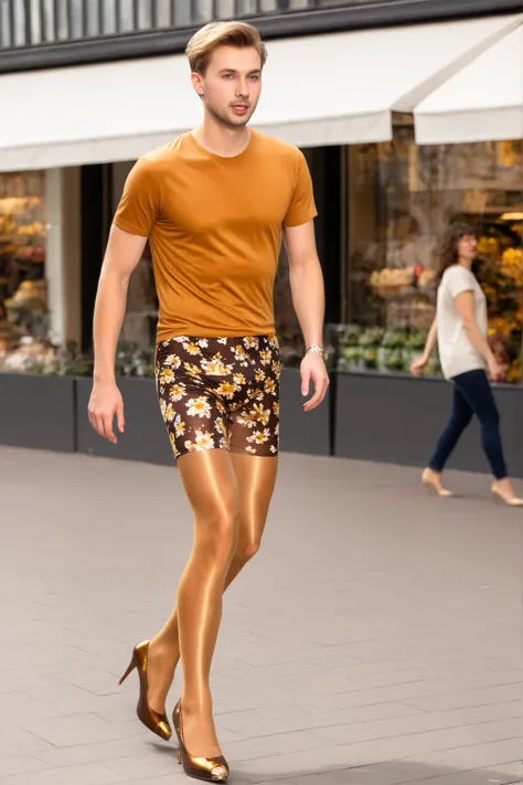 a young Caucasian male guy with a male face, wears a floral mini skirt, beiges t-Shirt, medium brown amber shiny 40den pantyhose, Gold-tone open high hels pumps, the male face guy runs in his pantyhose in a shopping mile in sunshine.
