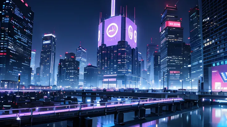 A futuristic city with a purple-blue night sky illuminated by several neon buildings. 