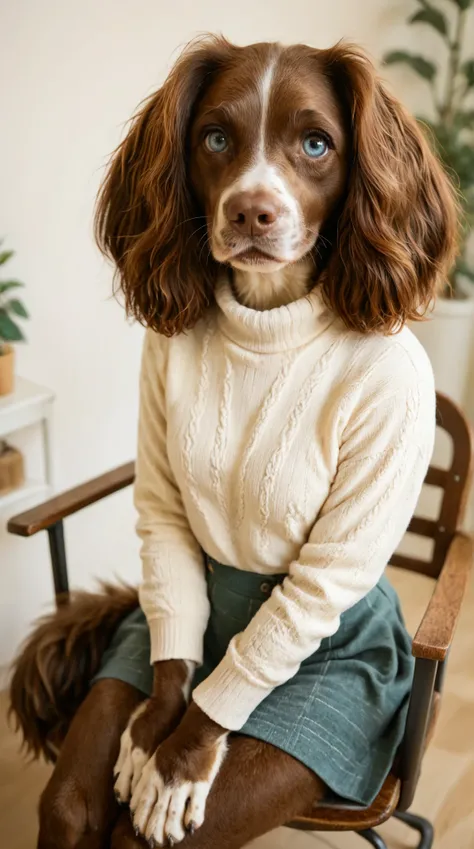 soft lighting, dynamic high angle, depth of field. a (happy) (anthro springer spaniel) girl sitting in a chair. Set in a Hair Salon barbershop. light blue eyes, brown fur, paws, sweater blouse, cute skirt, silver locket