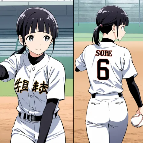 score_9, score_8_up, score_7_up , comic style,(major 2nd style:1.2),multiple views,2koma,front view,back view,nsfw,BREAK,1girl, sakura_mutsuko,black hair,ponytail,blunt bangs, medium breast,medium hip,BREAK,baseball uniform,holding baseball grove,BREAK,sta...