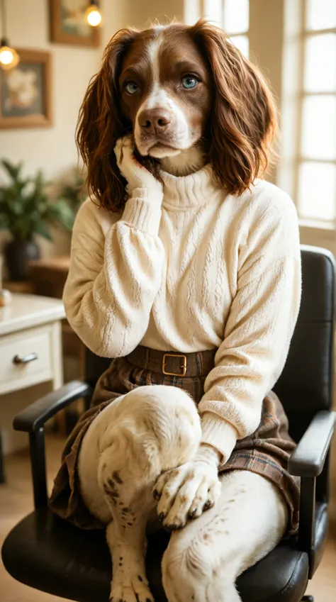 soft lighting, dynamic angle, depth of field. a (happy) (anthro springer spaniel) girl sitting in a chair. Set in a Hair Salon barbershop. light blue eyes, brown fur, paws, sweater blouse, cute skirt, silver locket
