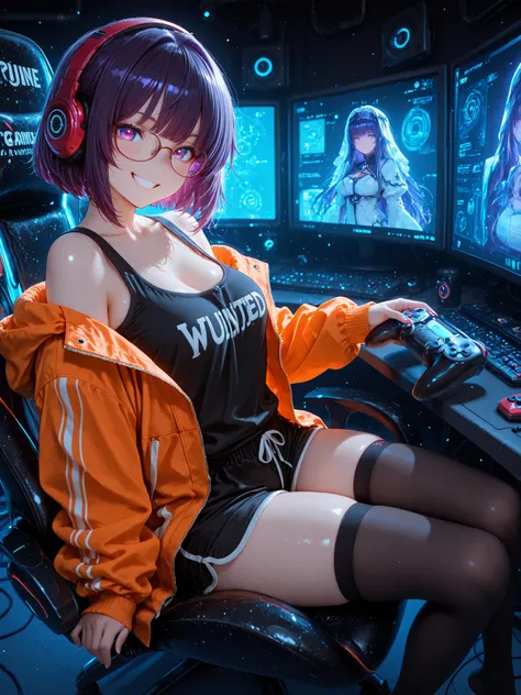 1 maiden, girl sitting in a gaming chair, with your feet on a chair、A woman holds a controller and is wearing 、Dive into the game、dark purple hair、short hair、DETAILED HAIR、red LED headphones、glasses、 orange jacket, game screen you wanted、black tank top、sh...