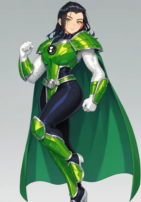 {{masterpiece, ultra-high quality, professionally detailed, professionally shaded}},1girl,absolutely huge breasts, absolutely thick thighs, absolutely wide hips, slim waist, Ben10, insignia, green eyes, black hair, long hair, green cape, black hair, armor,...