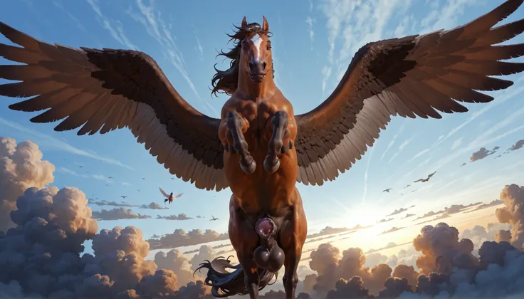 by Taran Fiddler, by Lauren Mattson, by Anhes, male, feral, Pegasus, horse cock, anatomically correct horse penis, flared horse cock, sagging balls, equine sheath, erect horse cock, long equine penis, looking down at viewer, dynamic angle, presenting cock,...