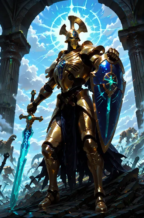(masterpiece, best quality:1.2), highly detailed, fantasy theme, solo, 1 golem , golden armor, bearer a circular blue shield and long sword  a  ruins on background, fan art, 