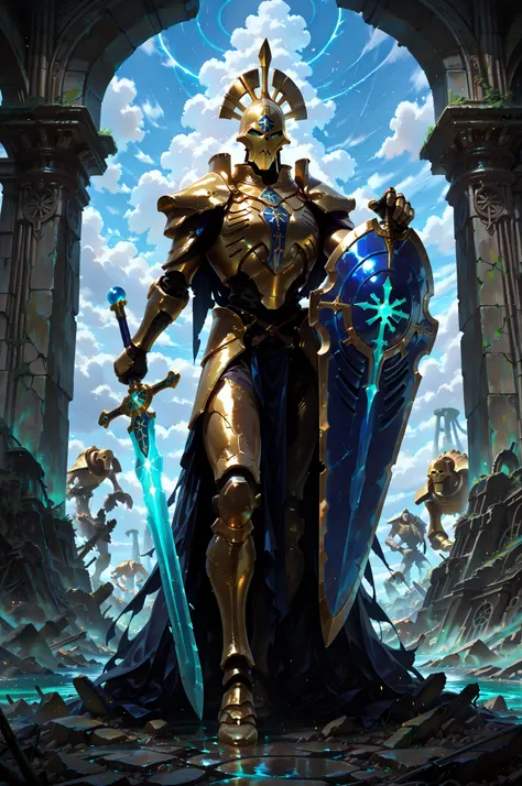 (masterpiece, best quality:1.2), highly detailed, fantasy theme, solo, 1 golem , golden armor, bearer a circular blue shield and long sword a ruins on background, fan art,
