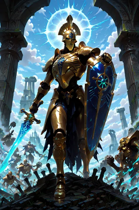 (masterpiece, best quality:1.2), highly detailed, fantasy theme, solo, 1 golem , golden armor, bearer a circular blue shield and long sword  a  ruins on background, fan art, 