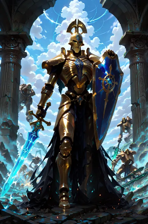 (masterpiece, best quality:1.2), highly detailed, fantasy theme, solo, 1 golem , golden armor, bearer a circular blue shield and long sword  a  ruins on background, fan art, 