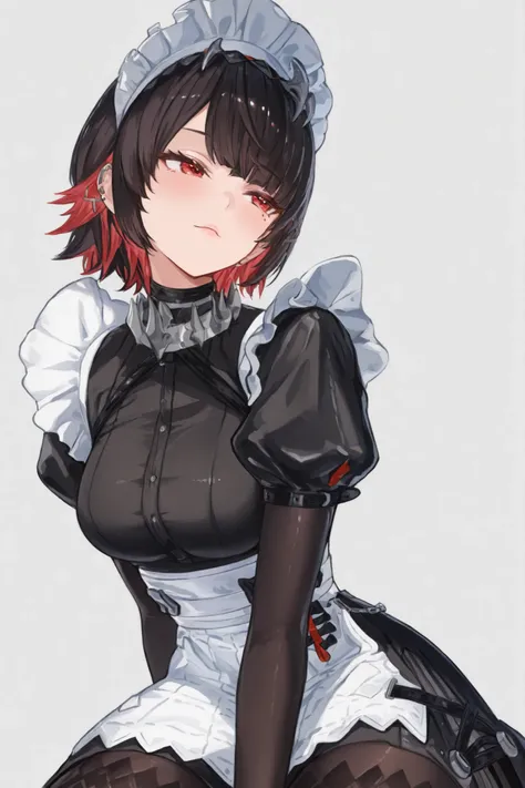 complemented by a white apron adorned with ruffled edges, characterized by its distinct maids-themed attire. She has short hair, dark hair with striking red reflections, The gray background of the image draws attention to her outfit and expression {x} and ...