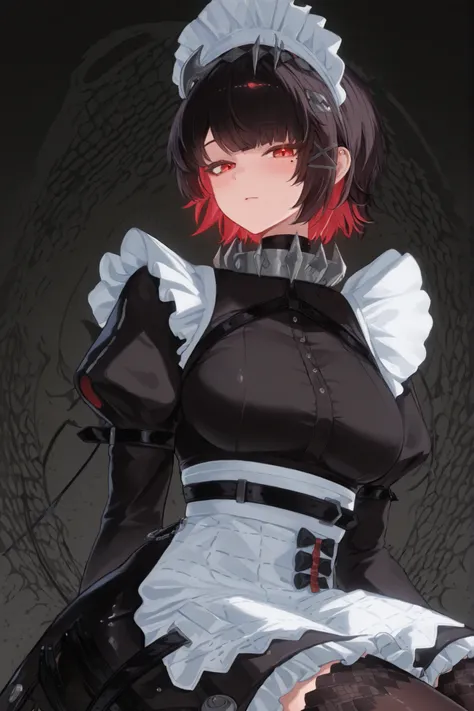 complemented by a white apron adorned with ruffled edges, characterized by its distinct maids-themed attire. She has short hair, dark hair with striking red reflections, The gray background of the image draws attention to her outfit and expression {x} and ...