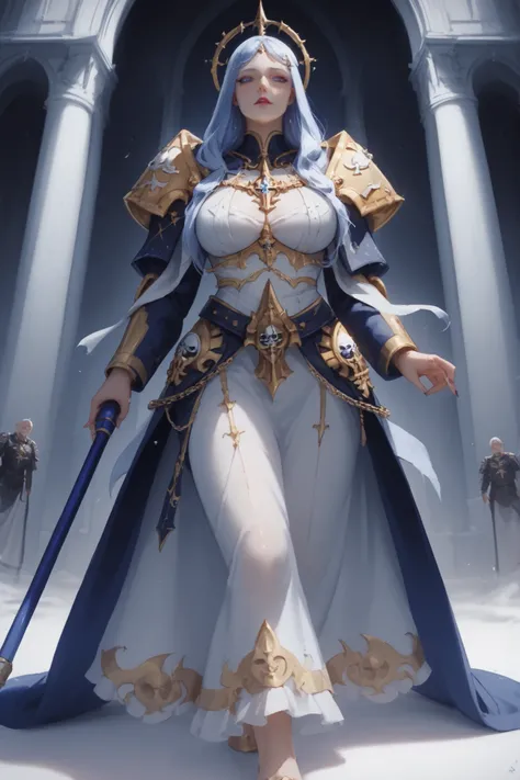 sororita-il, adepta sororitas, mature female, milf, motherly, A Warhammer 40k Sister Sabine of the Order of the Sacred Rose, wearing bone-white and midnight-blue shielded robes with golden fleur-de-lis, holding an adamantium pilgrim staff with a glowing pu...