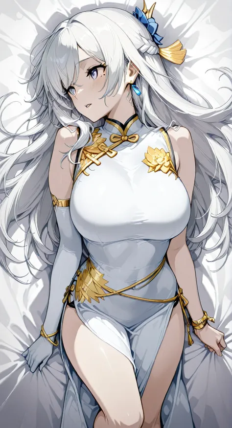 Armlet for left arm、bracelet for right wrist、sleeveless china ,anime girl Picture of a woman with long white hair and a flower in her hair, gray hairの deity, Anime Goddess, gray hairの, gray hairの lady, gray hair, Zodiac knight portrait girl lying on her ba...