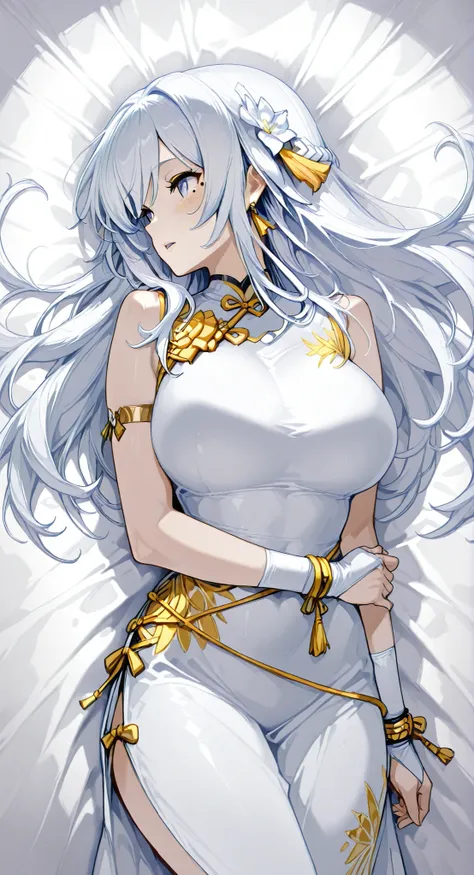 Armlet for left arm、bracelet for right wrist、sleeveless china ,anime girl Picture of a woman with long white hair and a flower in her hair, gray hairの deity, Anime Goddess, gray hairの, gray hairの lady, gray hair, Zodiac knight portrait girl lying on her ba...