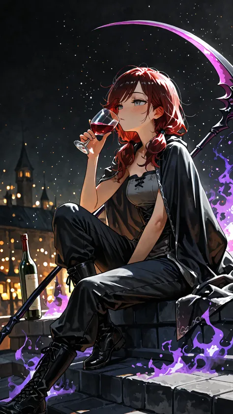 (((Watercolor-style))),(((Watercolor))),(masterpiece, best quality), sitting, medieval town, sitting on roof, dark red hair, swept bangs, long hair, low twin tails, wine bottle, looking at hour glass,holding hour glass with sand, drinking, drunk, messy hair, gray eyes, stoic, strapless gray shirt, black trim, black trousers, black combat boots, black cloak, tattered cloak, scythe, black scythe with glowing purple edge, dark aura, shadowy aura, fantasy, ((light particles, colorful particles)), dynamic illustration, dramatic lighting,  dreamy atmosphere,((no-outline)),((no- borders)),Blurred,