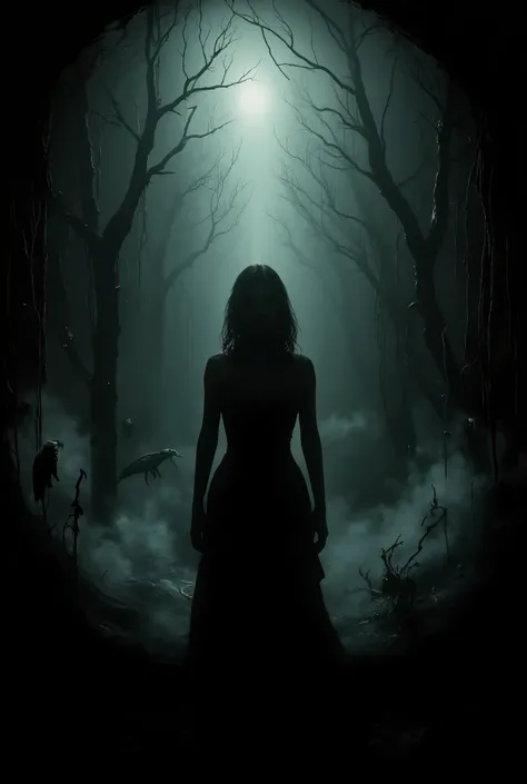 Female shadow, impending doom, dark surreal, liminal surroundings, unreal dreamscape, nightmare.