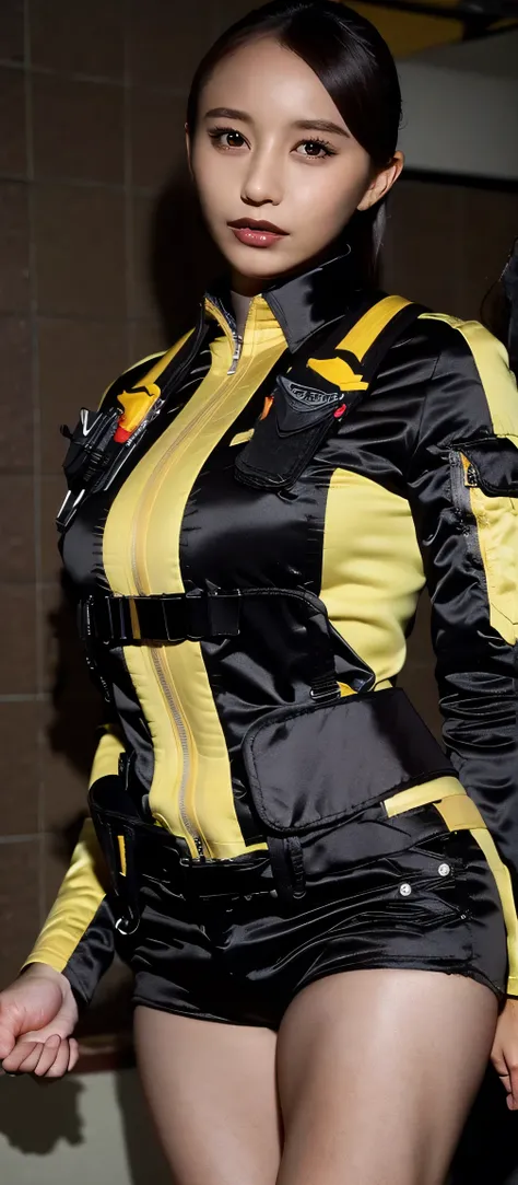 (   extremely realistic ), ( Highest Quality), ((round,             SMALL AND PRECISE FACE            )),short shorts,black gloves,黒 shorts, boots,jacket,shorts, dark hair ,big breasts,adult female , Her breasts are big and rounded, clothes are perfect for...