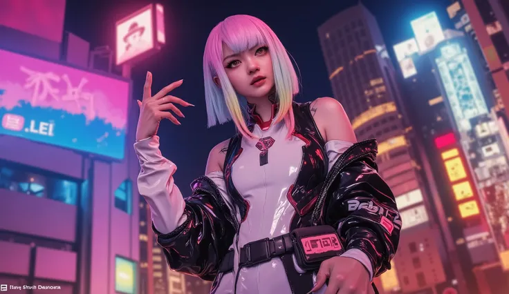 ((Manga artwork cowboy shot) von (perfect Asian cyberpunk girl, wearing detailed Harajuku clothing with company logos))), (((dynamische Pose))), ((LED-Leuchten)), ((Manga-Zeichnung)), ((cinematic lighting)), ((Chiaroscuro)), warme Farben, perfect features...